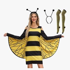 Womens Bumblebee Costume with Headband and Striped Tights